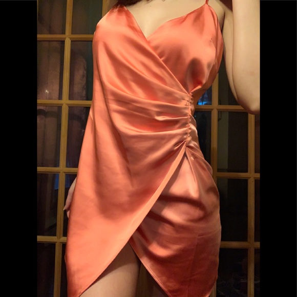 SOLD - ‼️ Forever21 Satin Coral Plunging Mini Dress ‼️ - Picture 6 of 7